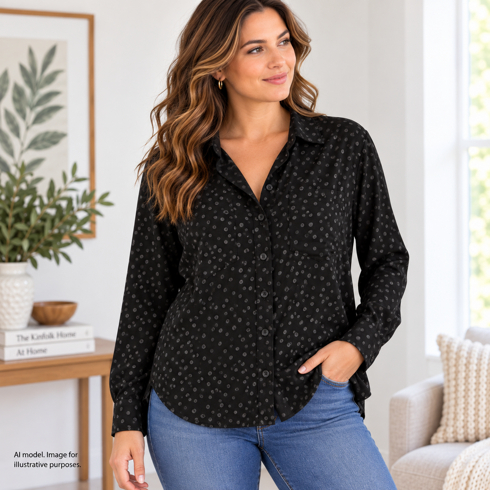 Cloth & Stone Shirt Womens Small Black Polka Dot Button Down Long Sleeve EcoVero